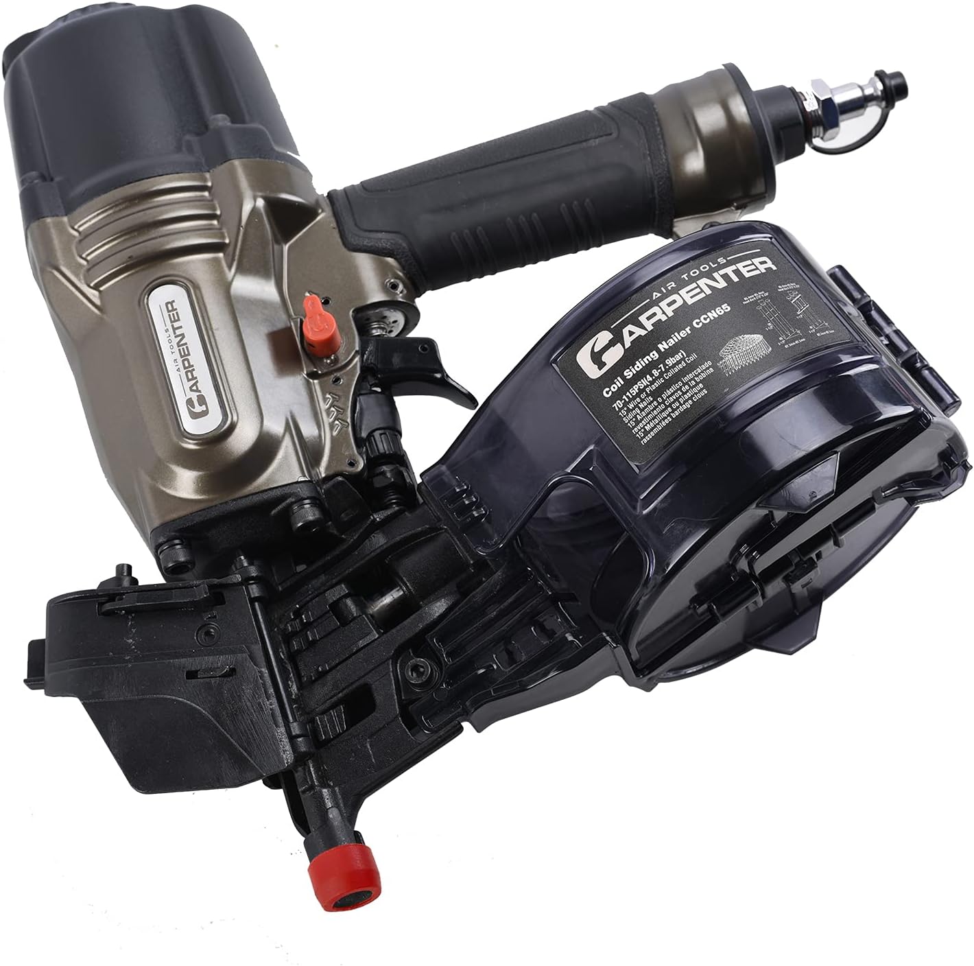 CCN65 15 Degree 1-1/2″ to 2-1/2″ Pneumatic Coil Siding Nailer with Tool-less Depth Adjustment, Drives wire and plastic collated nails.
