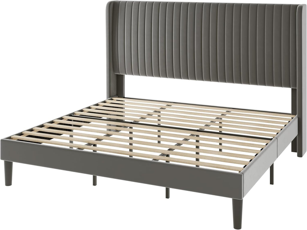 Allewie King Size Velvet Bed Frame/Vertical Channel Tufted Wingback Headboard/Upholstered Platform Bed/No Box Spring Needed/Strong Wooden Slats/Easy Assembly/Grey