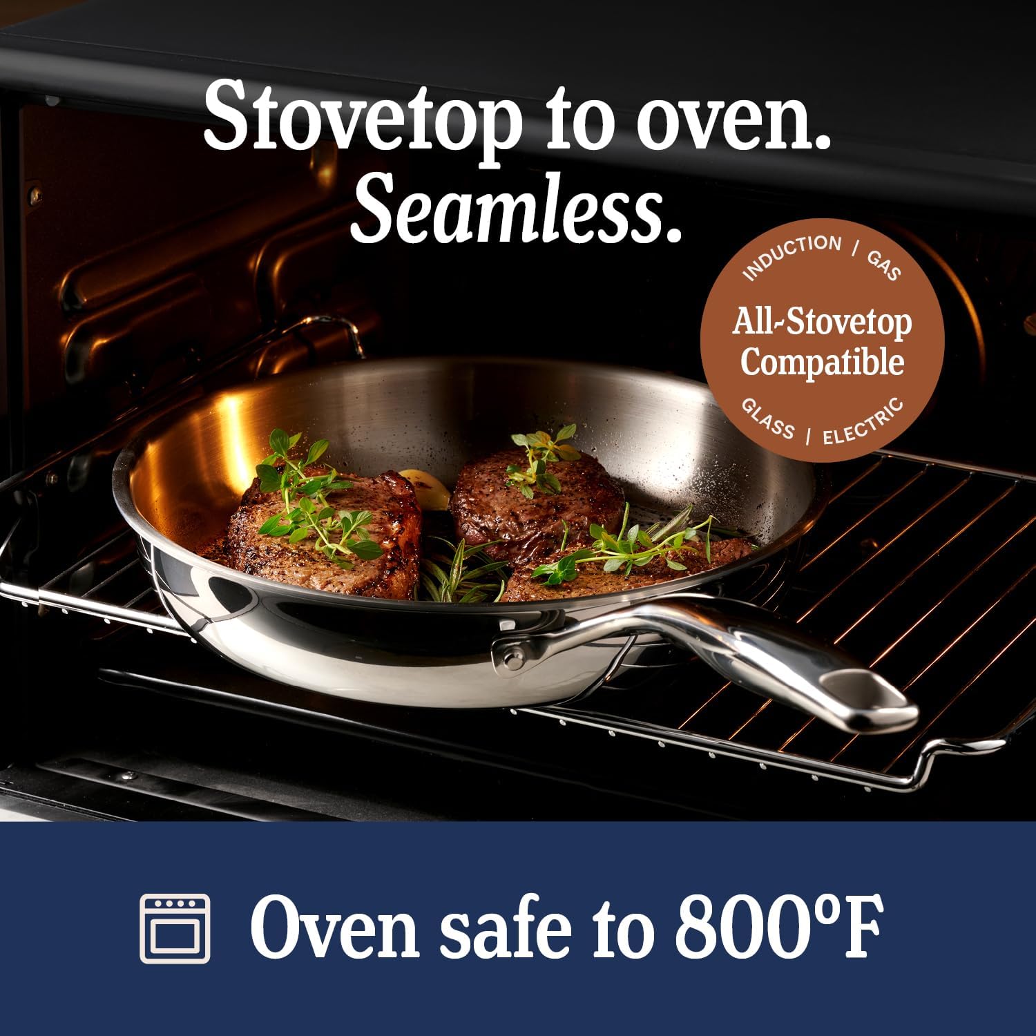 LEGEND COOKWARE 5-Ply Stainless Steel 12-Inch Frying Pan with Lid - Induction Compatible, Oven Safe 800°F - Non-Toxic, No Coatings - Even Heating, Won't Warp - Built to Last Generations