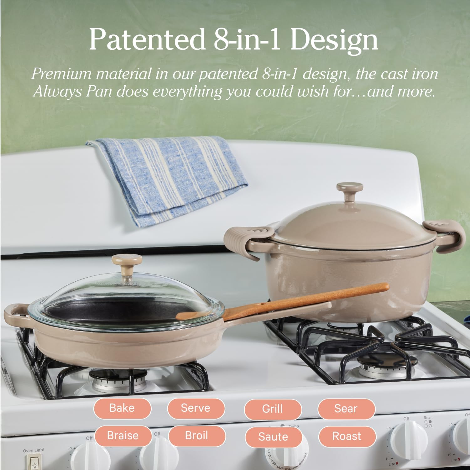 Our Place Cast Iron Always Pan | Premium Enameled, Toxin-Free Surface | 10-inch 8-in-1 Multifunctional Cookware System | Lid, Handle Covers | Heavy Duty Skillet | Oven & High Heat Safe | Steam