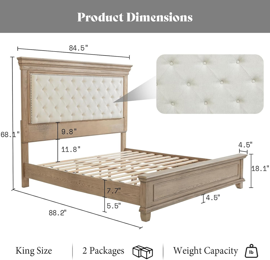 AMERLIFE 68 in Tall King Size Bed Frame with Upholstered Headboard, Solid Wood Farmhouse Platform Bed, Bohemian Tufted Wooden Panel Design, No Box Spring Needed, Light Oak