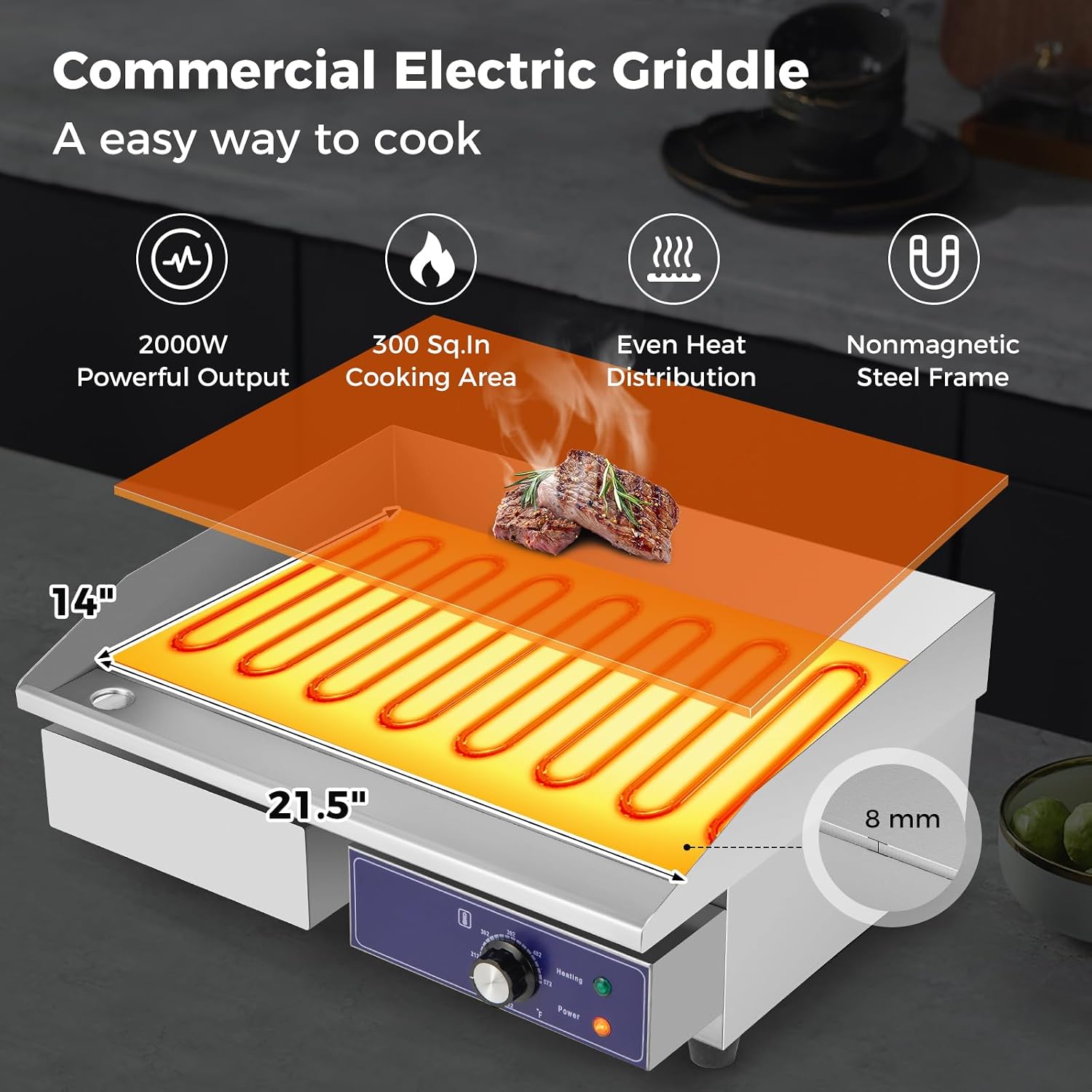 Giantex Commercial Electric Griddle 22' - 110V 2000W Countertop Griddle with Cast Iron Griddle Plate & Stainless Steel Frame, Restaurant Teppanyaki Flat Top Grill, Adjustable Temp Control 122℉-572℉