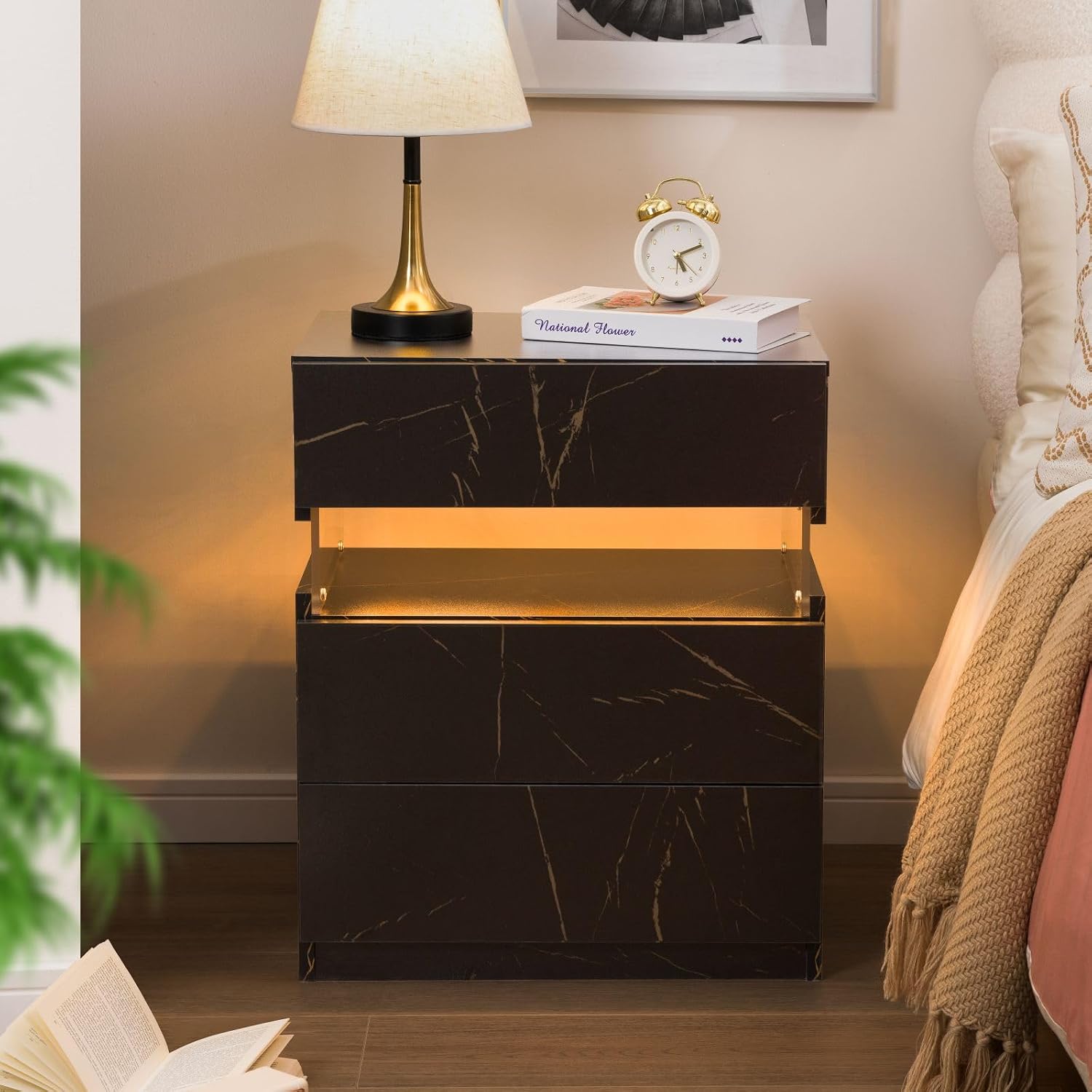 i-aplus LED Nightstand Set of 2,Night Stand Set 2,Modern Night Stand with 3 Drawers,Night Stands for Bedroom Set of 2,Bedside Table with Silent Slide Drawer