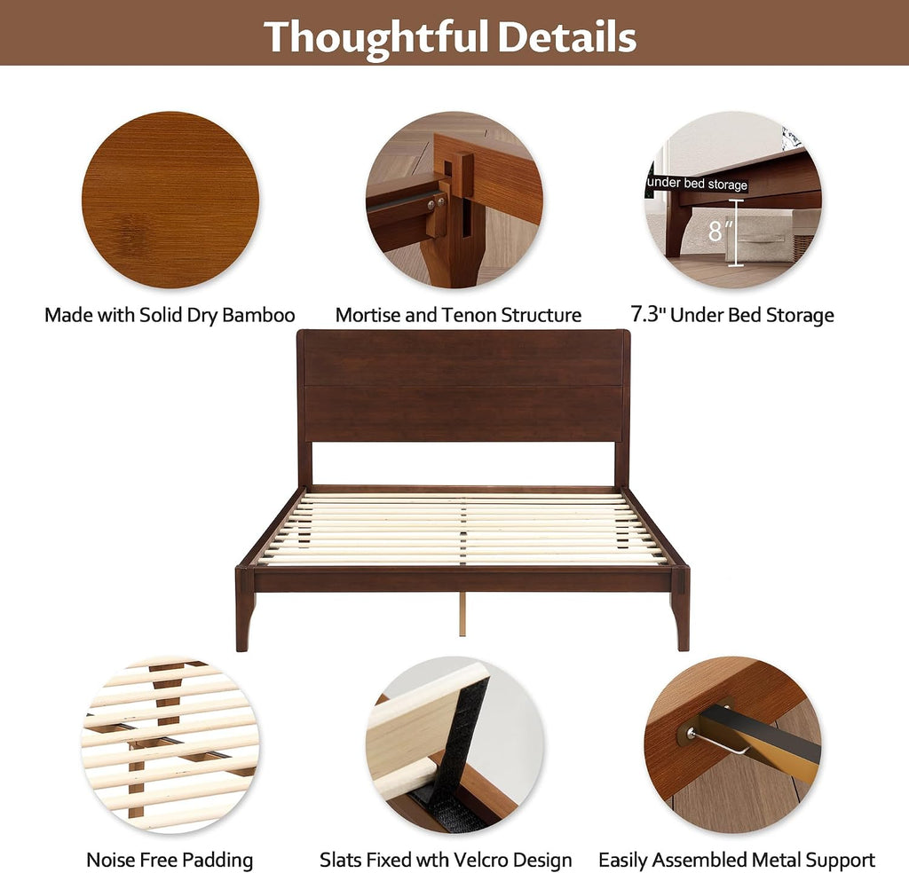 Merax King Size Bamboo Platform Bed, Mid-Century Modern Bed Frame with Tall Headboard, Solid Sustainable Bedframe King-Size, Wood Slat Support, No Box Spring Needed, Easy Assembly, Espresso