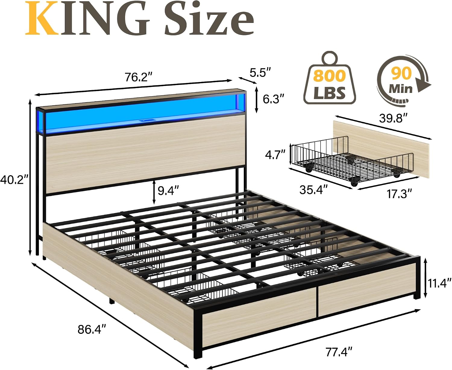 Lifezone King Bed Frame with 2-Tier Storage Headboard, Metal Platform Bed Frame with 4 Storage Drawers, Built in Charging Station & LED, Noise-Free/Metal Support/No Box Spring Needed, Beige