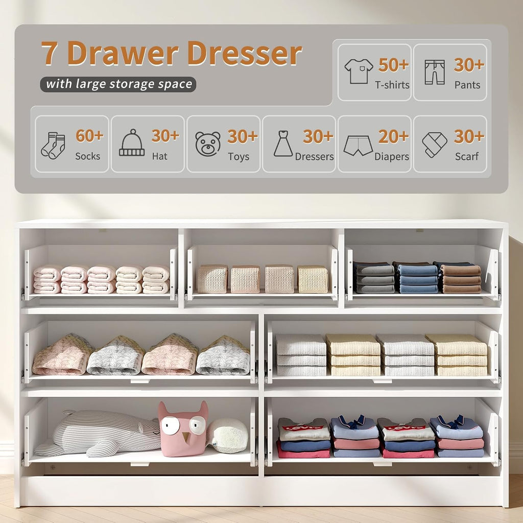 7 Drawer Dresser and Nightstand Sets, 3 Pcs Bedroom Set for Bedroom, Fluted Night Stand Set of 2 & 55' Wide Dresser w/Gold Handles, Modern Wood Chest of Drawers Storage Cabinet Set, White
