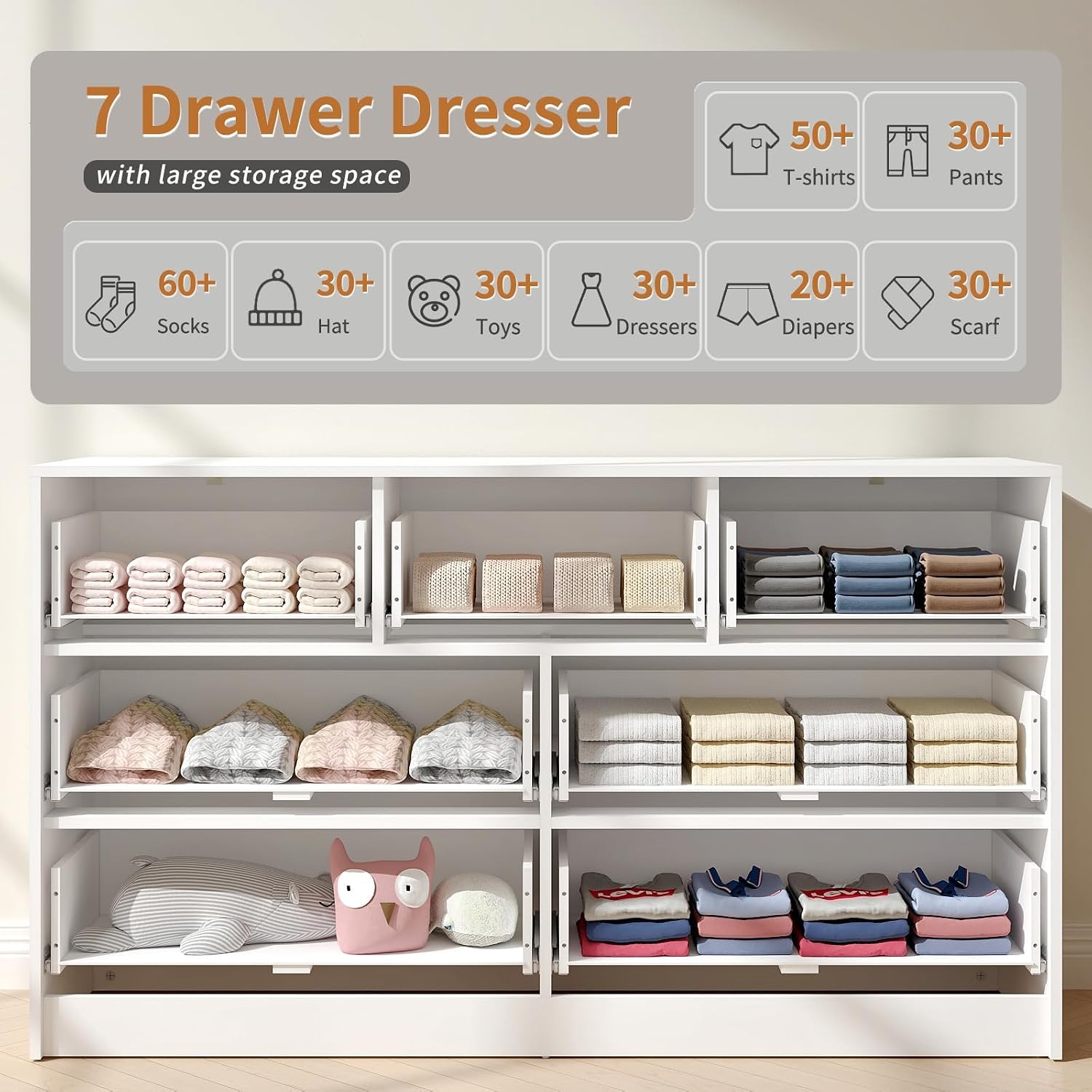 7 Drawer Dresser and Nightstand Sets, 3 Pcs Bedroom Set for Bedroom, Fluted Night Stand Set of 2 & 55' Wide Dresser w/Gold Handles, Modern Wood Chest of Drawers Storage Cabinet Set, White
