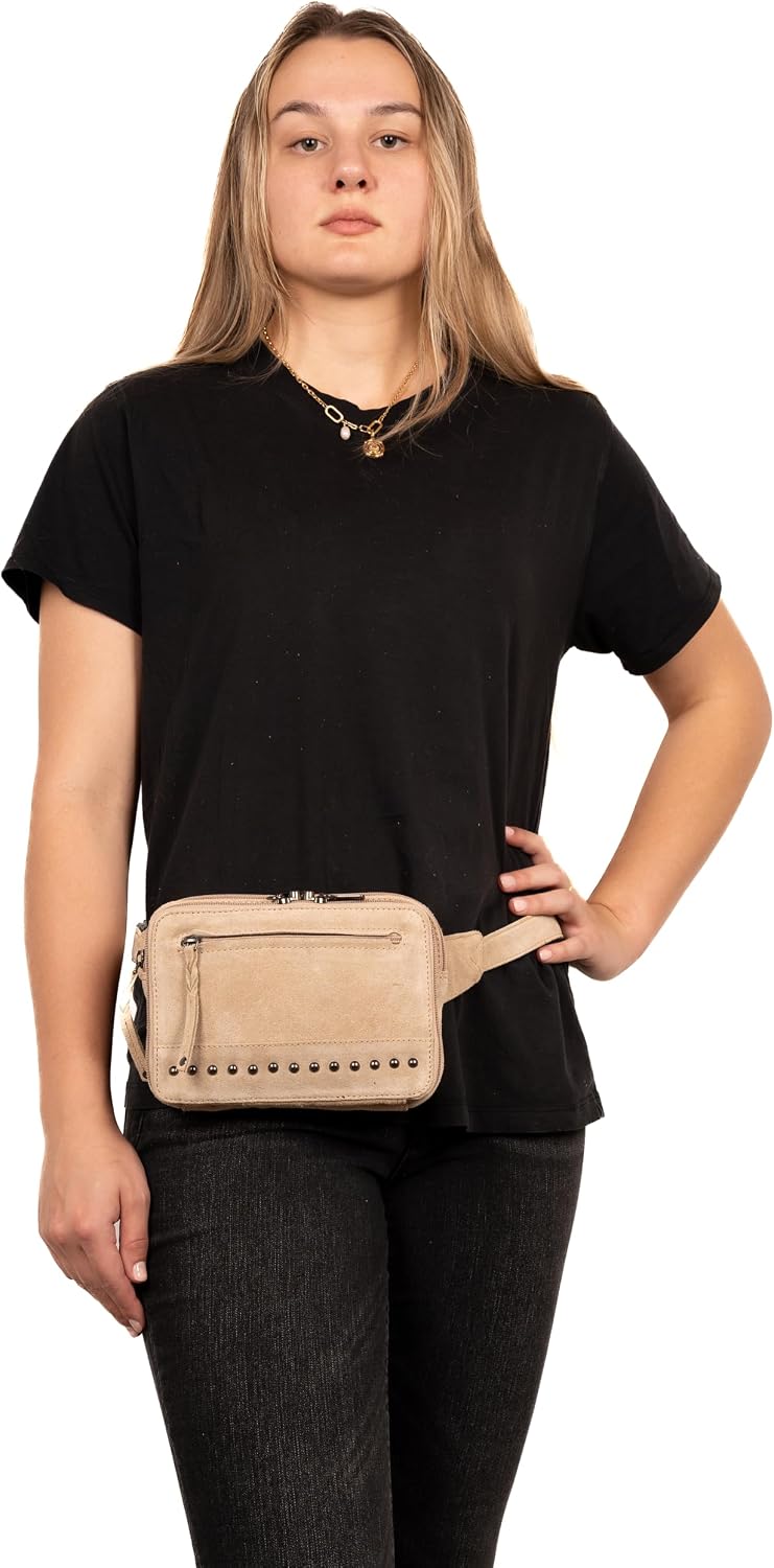 Lady Conceal Kailey Concealed Self Defence Waist Bag by Lady Conceal - Buffalo or Suede Cowhide Leather, 3 Open Sides and Locking Zippers with Universal Holster (Sand) - 8' L x 5.5' H x 2.25'