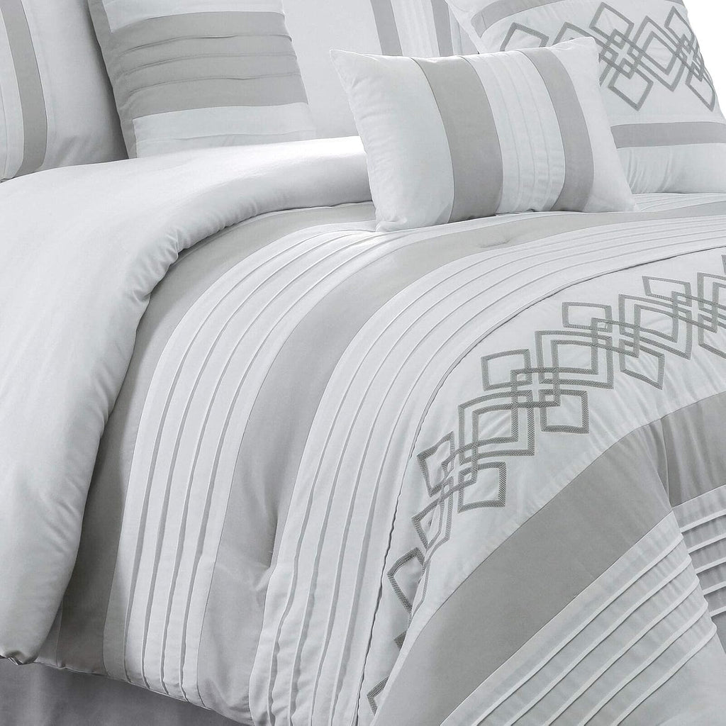 Chezmoi Collection Ariel 7-Piece Gray Geometric Chenille Embroidery Pleated Striped Comforter Bedding Set, Oversized King Size