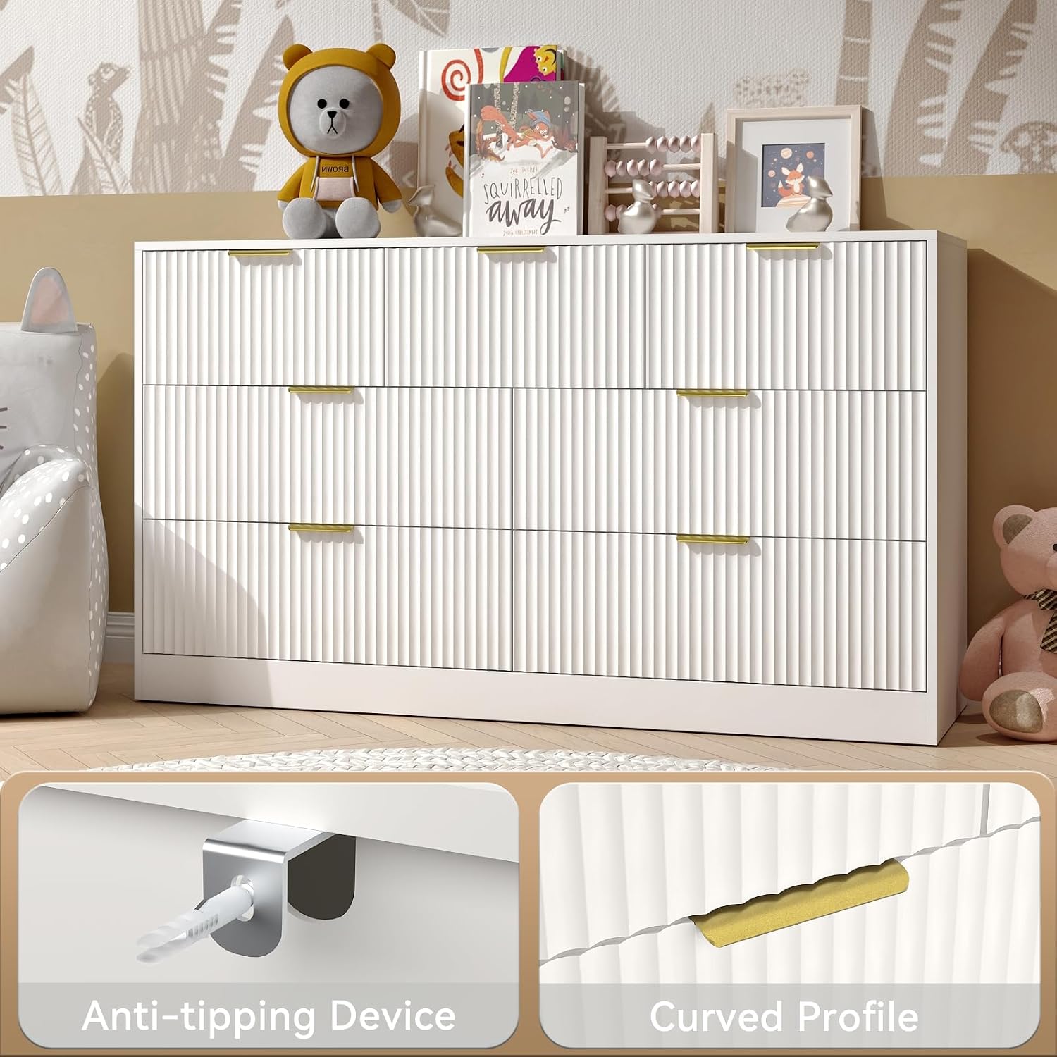 White Dresser Set of 2, Long Dresser for Bedroom Wooden with 14 Drawers, Fluted Modern Bedroom Furniture Set, TV Stand Dressers & Chests of Drawers for Closet (15.7'D x 110.2'W x 31.8'H)