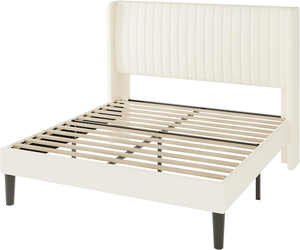 Allewie Full Size Velvet Bed Frame/Vertical Channel Tufted Wingback Headboard/Upholstered Platform Bed/Strong Wooden Slats/No Box Spring Needed/Easy Assembly/Cream White