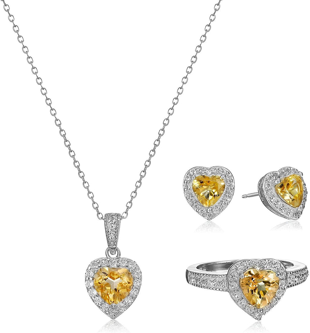 MORGAN & PAIGE .925 Sterling Silver Gemstones and White Sapphire Halo Heart Pendant Necklace, Ring and Stud Earrings for Women Set - Birthstone Jewelry Sets for Women, 18in Cable Chain, Size 7 Ring