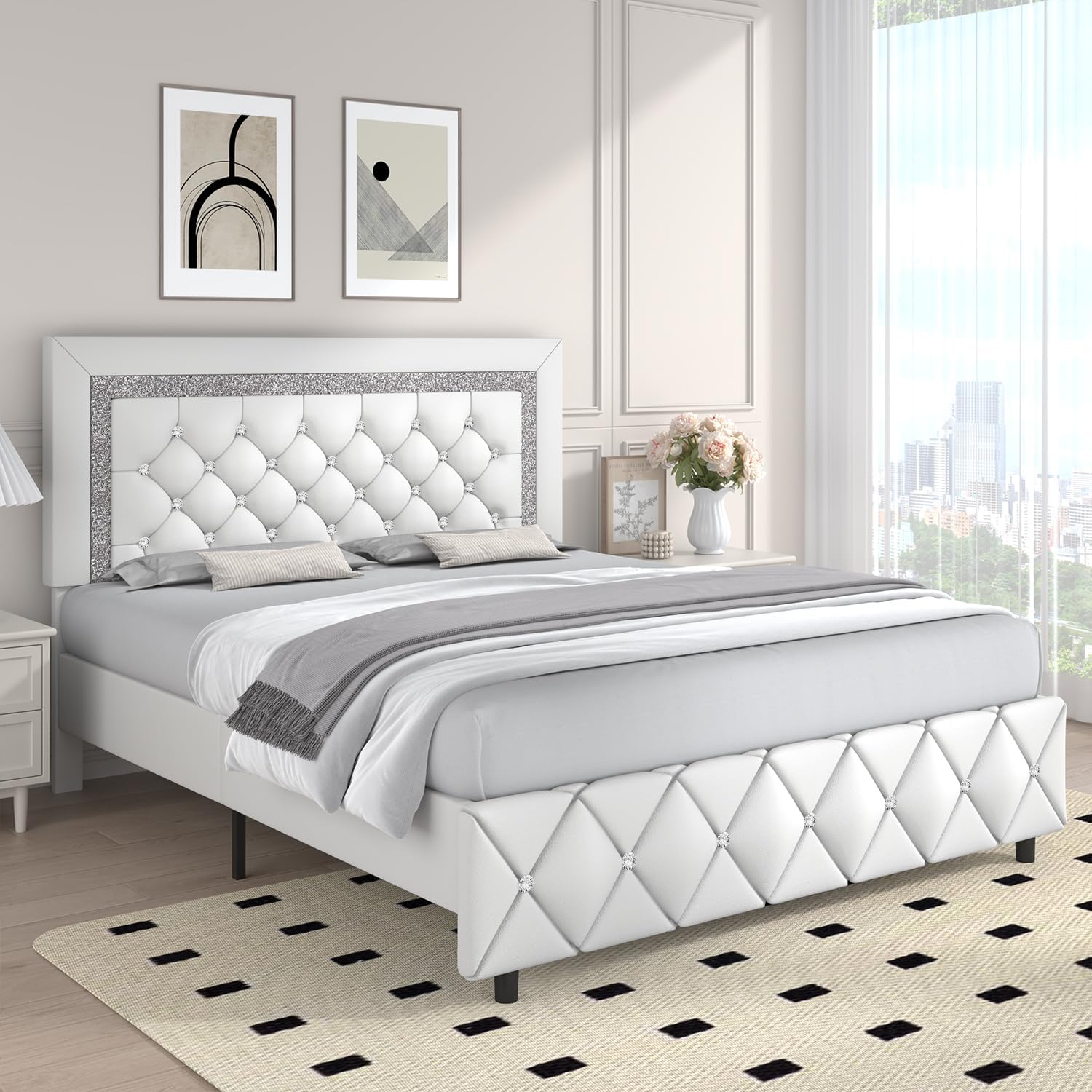 Full Bed Frame, Faux Leather Platform Bed with Upholstered Diamond Headboard, Mattress Foundation with Strong Wooden Slats Support, No Box Spring Required, Easy Assembly, White