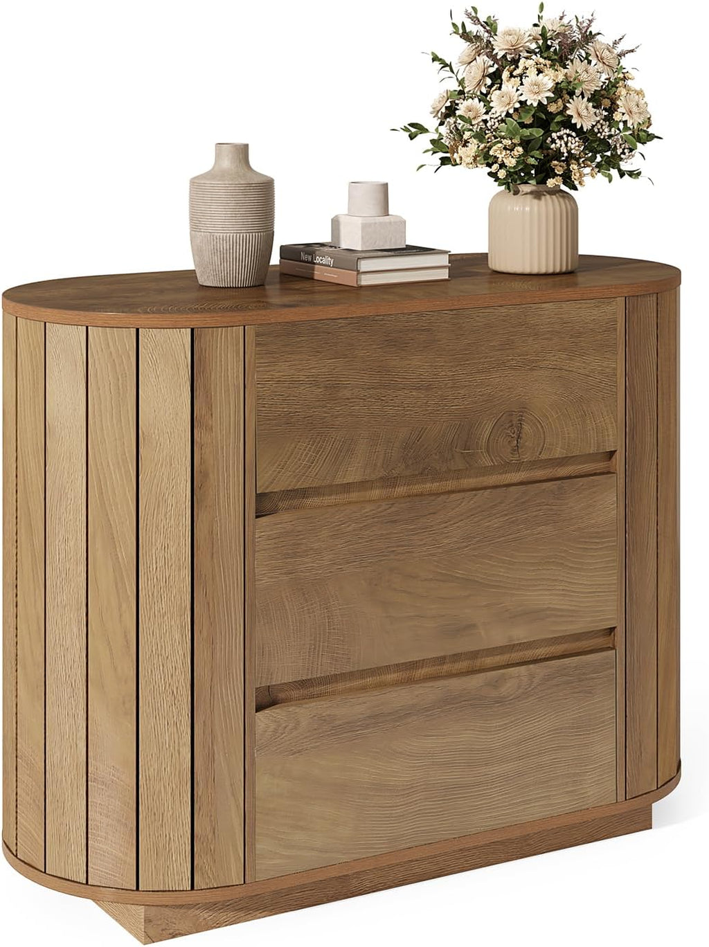 LITTLE TREE Large Nightstand, Oversized Night Stand Set 2, Slatted Side Design Wood Nightstand, 35' Wide End Tables, Modern Dresser with 3 Drawers for Bedroom,Entryway, Oak 2PCS