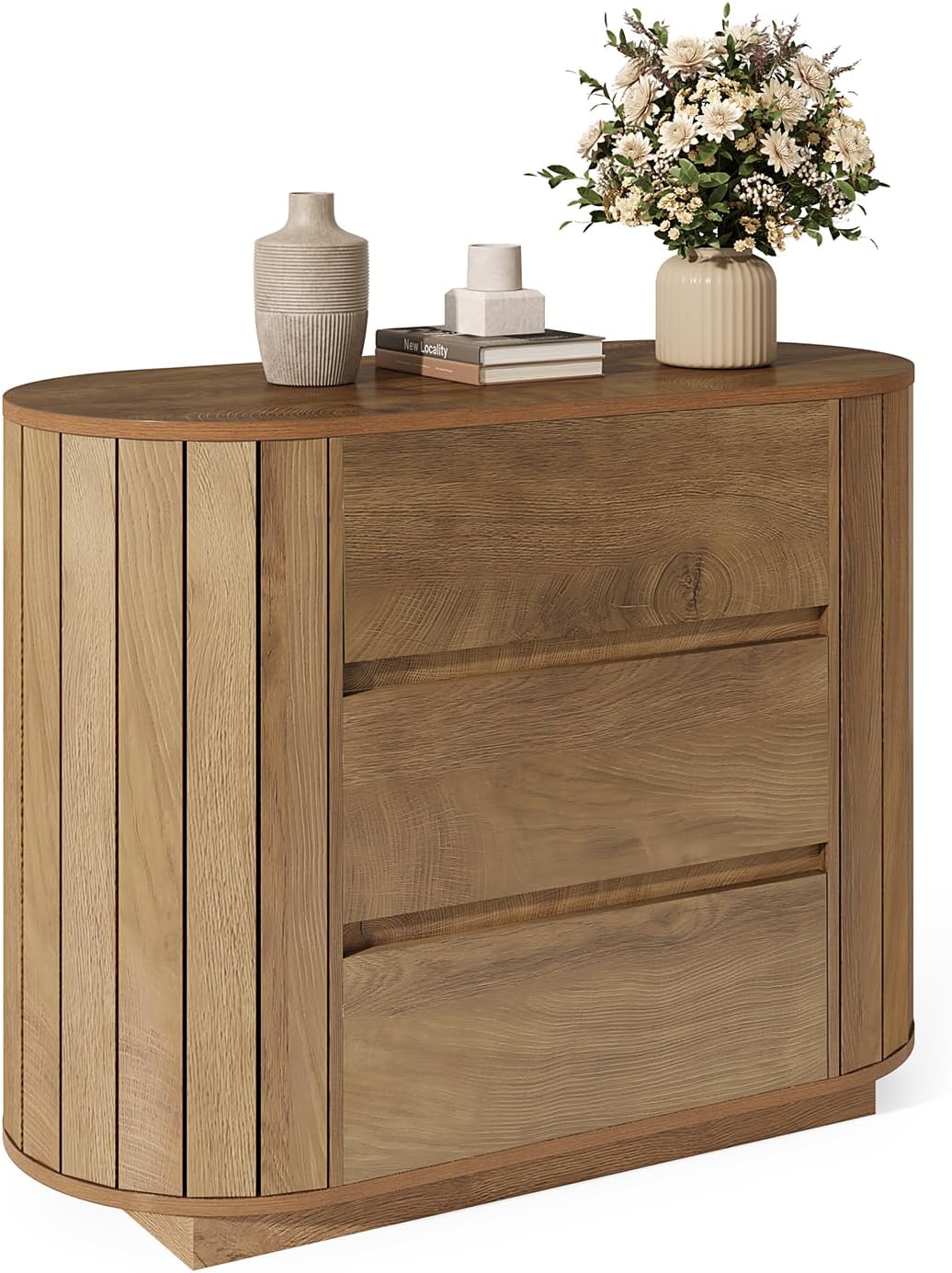 LITTLE TREE Large Nightstand, Oversized Night Stand Set 2, Slatted Side Design Wood Nightstand, 35' Wide End Tables, Modern Dresser with 3 Drawers for Bedroom,Entryway, Oak 2PCS