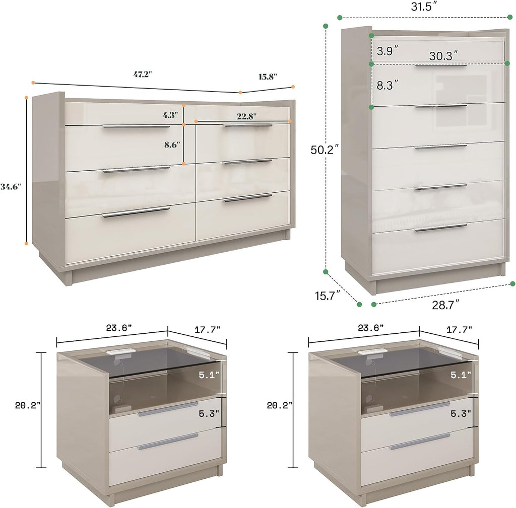 AMERLIFE 4 Piece Bedroom Furniture Set, 2 Nightstands with Charging Station, 8 Drawer Dresser with LED Light & 5 Drawer Chest, Modern High Gloss UV Finish, Bedroom Storage Organizer, Cream & Grey