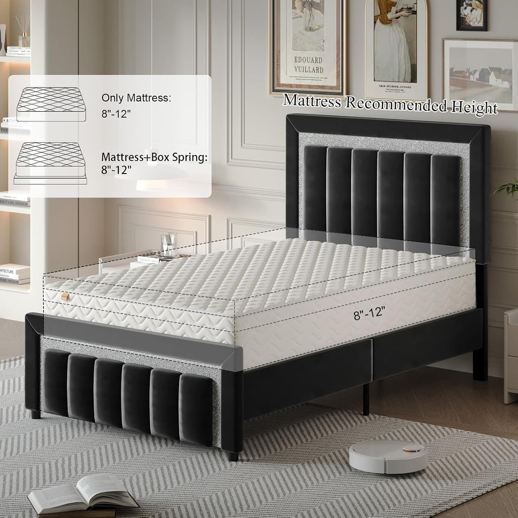 HOMBCK Twin Bed Frames, Twin Size Bed Frame with Diamond Velvet Design Headboard and Footboard, Upholstered Bed Frame with Wooden Slats Support, No Box Spring Needed, Easy Assembly, Black