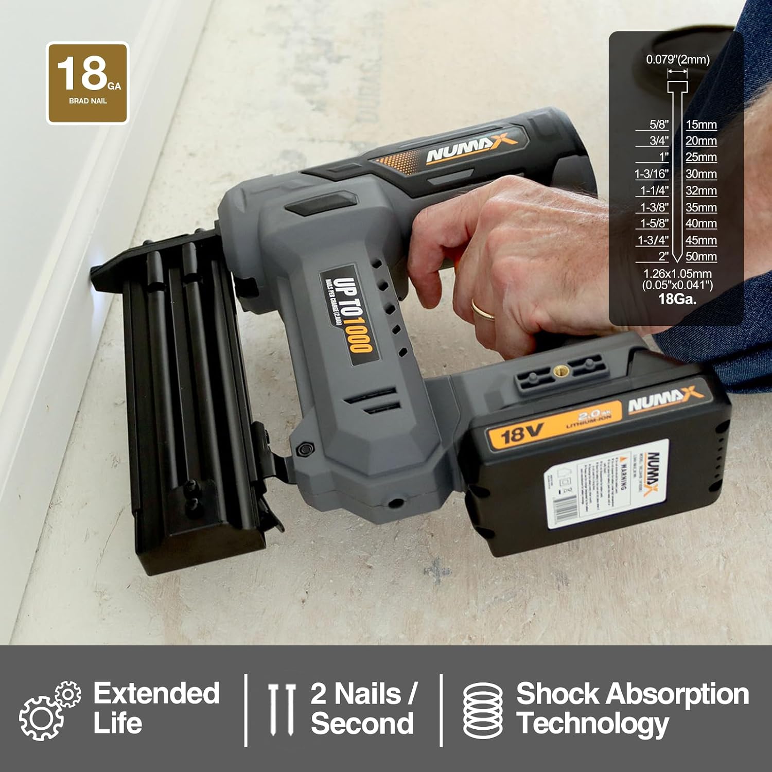 NuMax 18V Cordless Brad Nailer,18 Gauge Brad Nail Gun with Battery, Charger & 500 Nails | Drives 1000 Shots Per Charge | Compatible with 3/8'–2' Brad Nails | S18VBR50