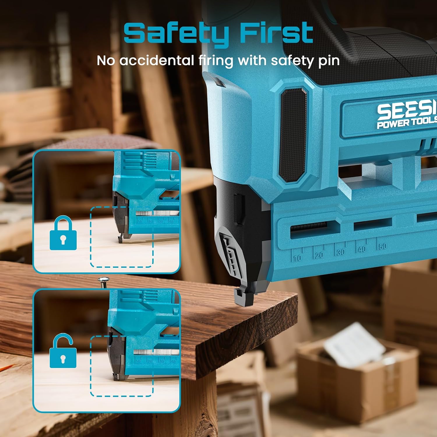 SEESII Cordless Brad Nailer, 18 Gauge 2 in 1 Electric Stapler/Nail Gun, 2.0Ah Battery, 1000pcs Nails and Staples, Adjustable Depth for Upholstery, Woodworking