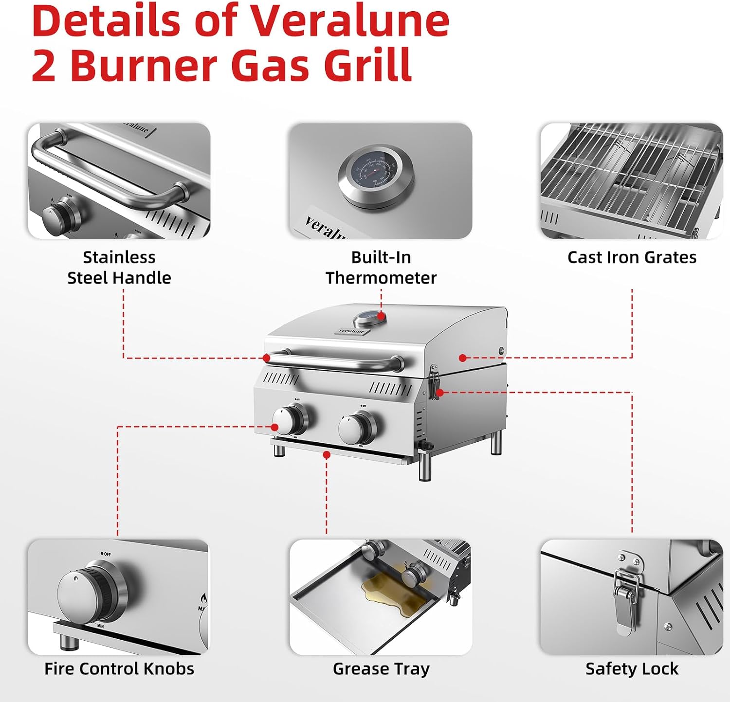 Veralune Tabletop Gas Grill, 2 Burners Portable Propane Grill, Camping Cooking Grill with Travel Lock for Camping, RV, Backyard BBQ
