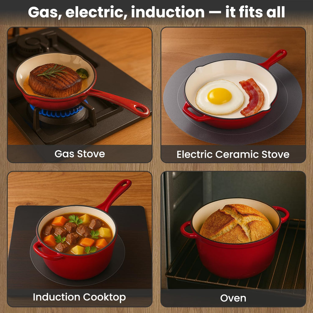 QuliMetal Nonstick Enameled Cast Iron Cookware Set, 5-Piece Pots and Pans Set with Lids, Skillet, Frying Pan, Saucepan & Dutch Oven for All Stovetops, PFOA Free, Ideal for Sourdough Bread Baking