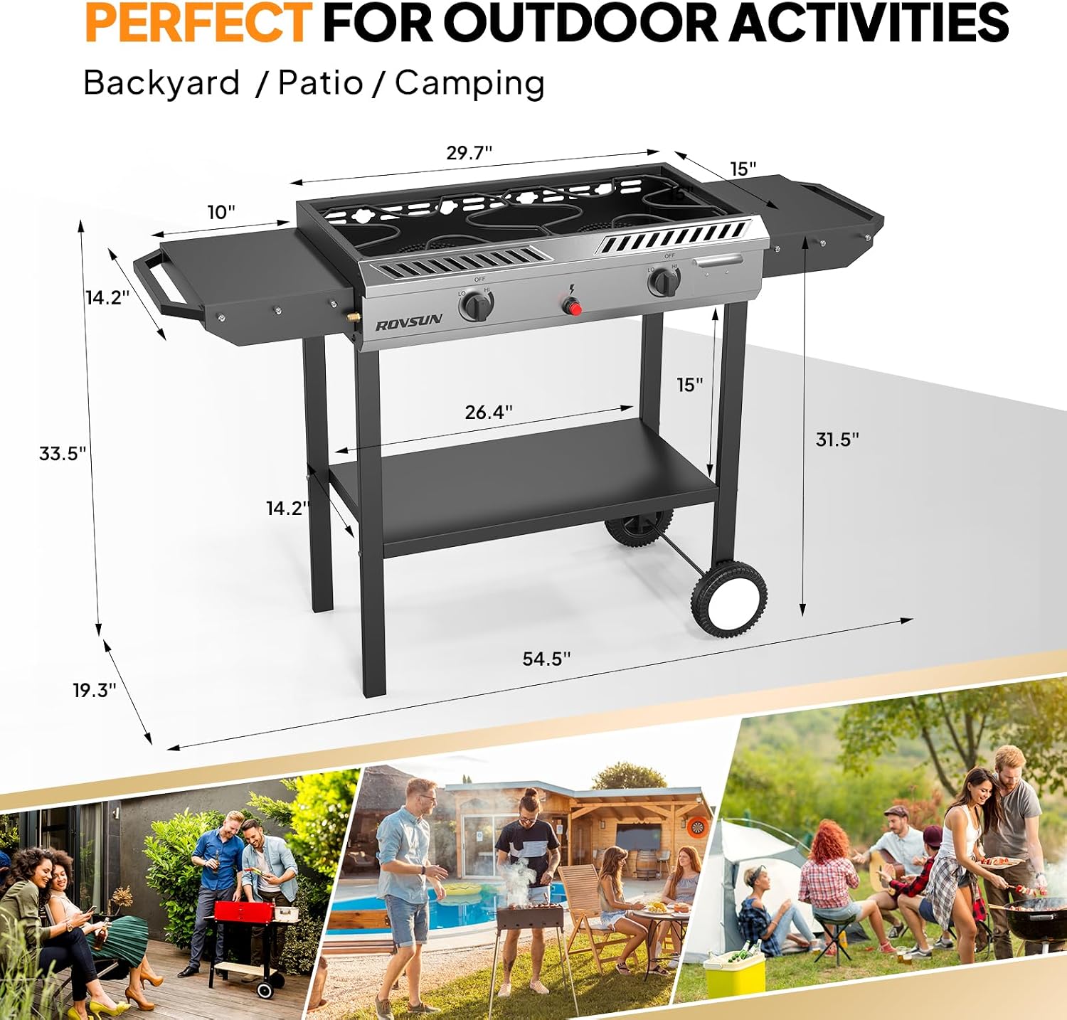 ROVSUN 2 Burner Outdoor Propane Gas Stove with Auto-ignition, Regulator & Shelf, 150,000 BTU Powerful Stand Cooker for Backyard Patio Cooking Home Brewing Canning Turkey Frying