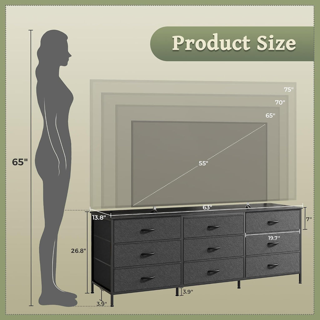 Huuger 63 Inch Dresser for Bedroom, Dresser for Closet with 9 Fabric Drawers, Large TV Stand for 55, 65, 70 Inch TV, Entertainment Center with Storage, Wide Long Chest of Drawers, Black