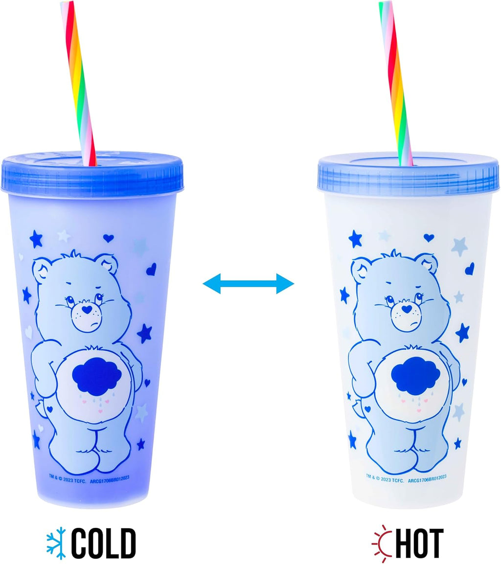 Silver Buffalo Care Bears Hearts and Stars 4 count Plastic Color Changing Tumblers with Rainbow Swirl Straws Featuring Tenderheart, Funshine, Cheer, and Grumpy Bear 24 Ounces (Pack of 12)