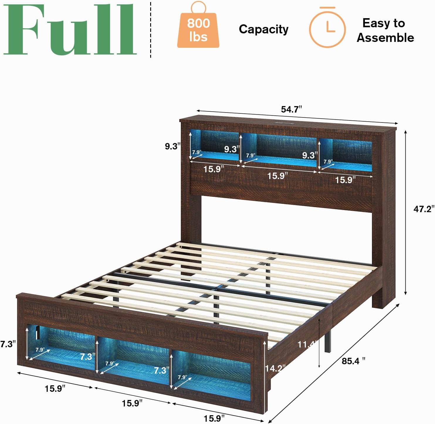 Albott Farmhouse Full Size Bed Frame with Storage/Bookcase Headboard & Footboard, Wood Platform Bed with LED Lights/Charging Station, Heavy-Duty Metal Support/No Box Spring Needed/Noise-Free, Brown
