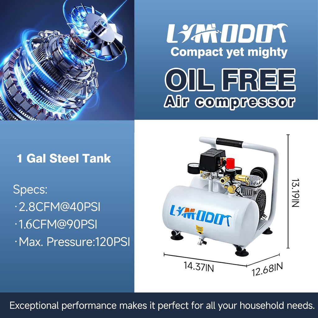 Limodot Ultra Quiet Air Compressor, Only 60dB, 1 Gallon Steel Tank, Oil-Free, Electric Air Compressor Perfect for Woodwork Nailing, Garage, Car, Pneumatic Tool, Includes 25 Ft. Air Hose Kit