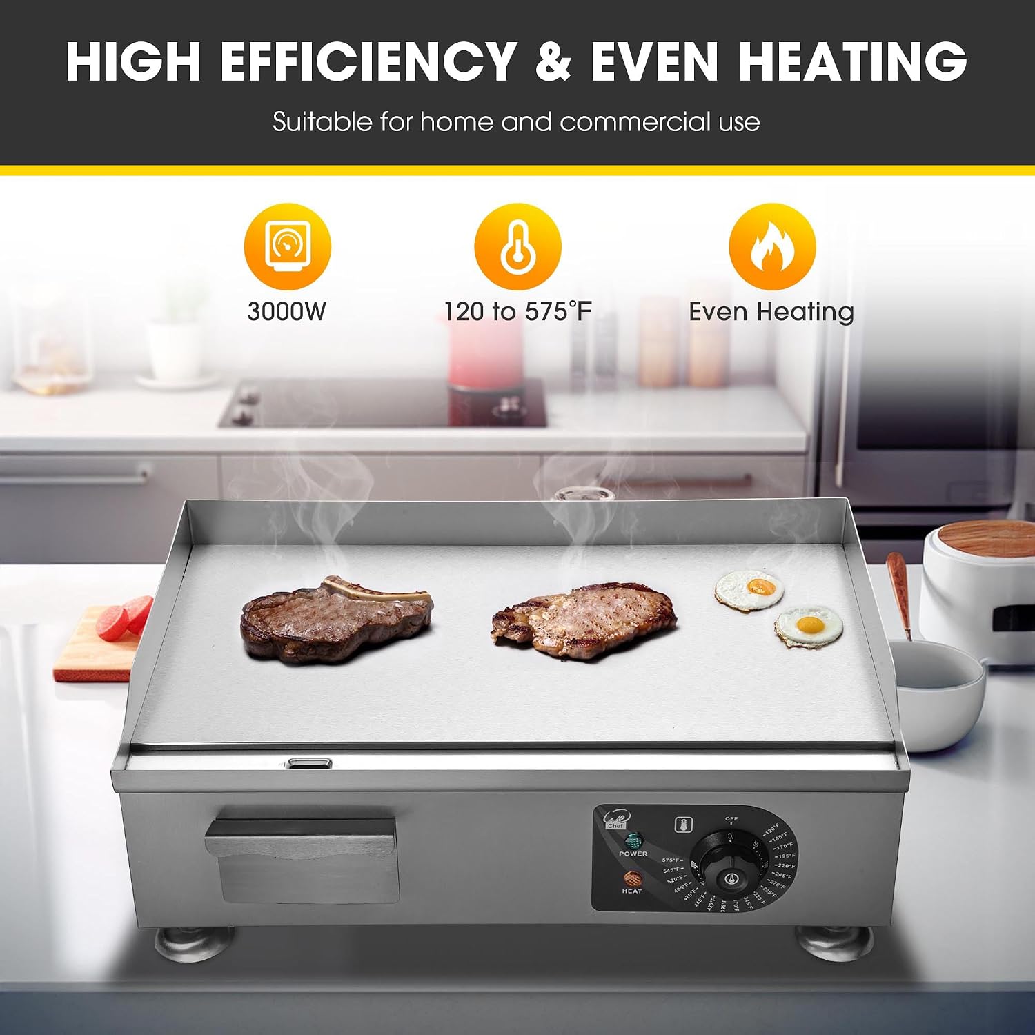Yescom WeChef 3000W 22'' Electric Griddle Countertop Commercial Flat Top Hot Plate Restaurant BBQ Grill, 26ECG003-22IN-11-1