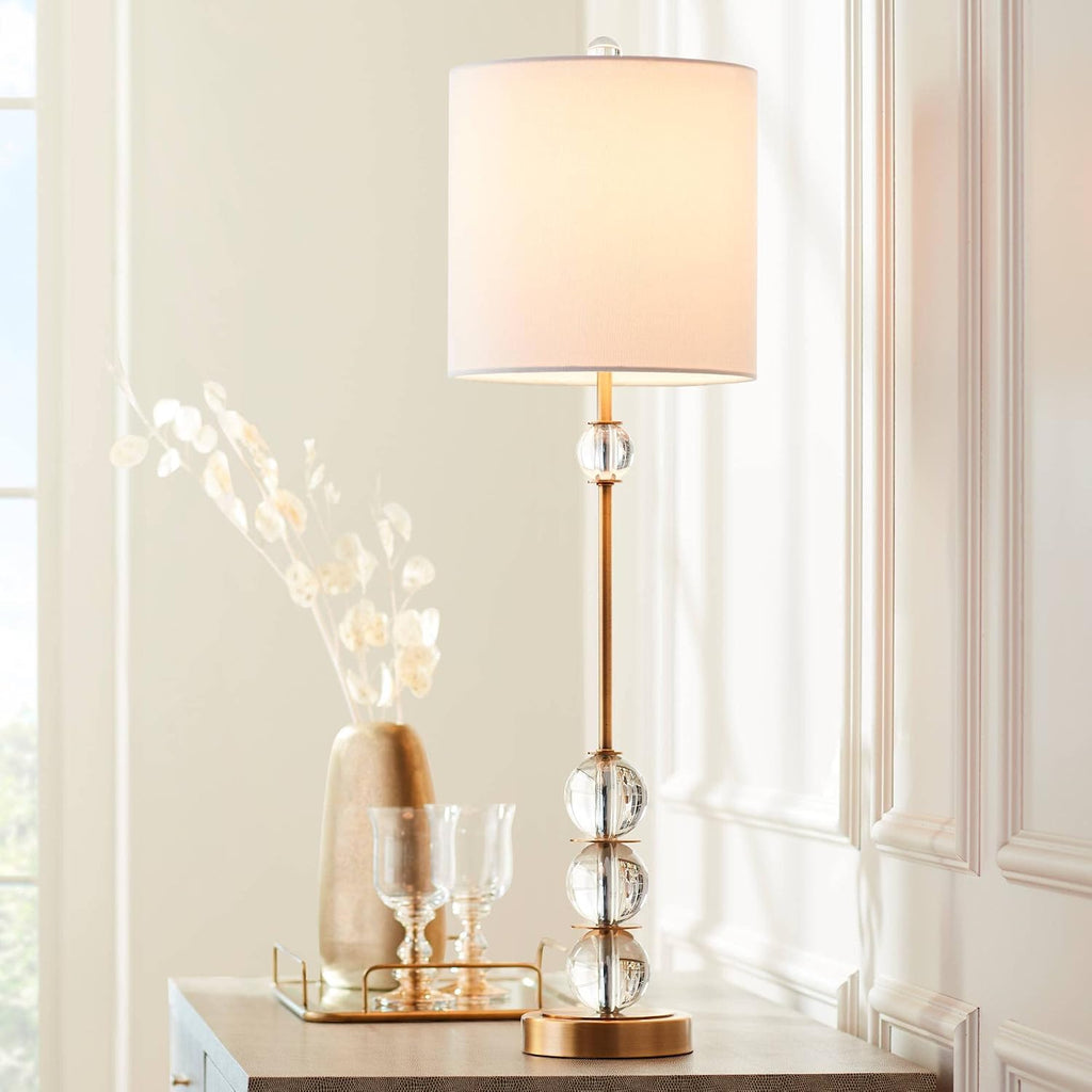 Vienna Full Spectrum Halston Modern Buffet Table Lamps Set of 2 with Dimmer 32 1/2' Tall Skinny Brass Metal Stacked Crystal Off-White Fabric Drum Shade Living Family Room Dining House Home Office
