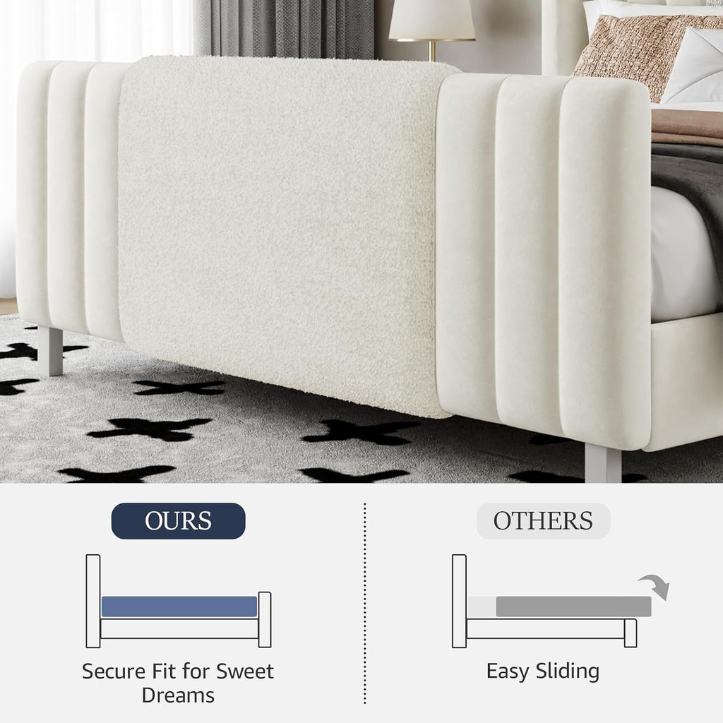Lihimte King Size Bed Frame with Tall Headboard and Footboard, Boucle and Velvet Upholstered Bed Frame King with LED Lights, Modern Platform Bed Frames, Noiseless, Easy Assembly, White