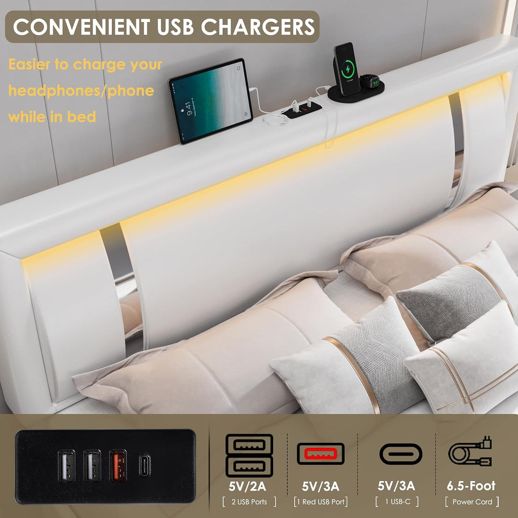 Keyluv Queen Bed Frame with RGB LED Lights Headboard & 2 Storage Drawers, Modern Upholstered Faux Leather Smart Platform Iron Metal Decor, USB USB-C Charging Ports, No Box Spring Needed, White