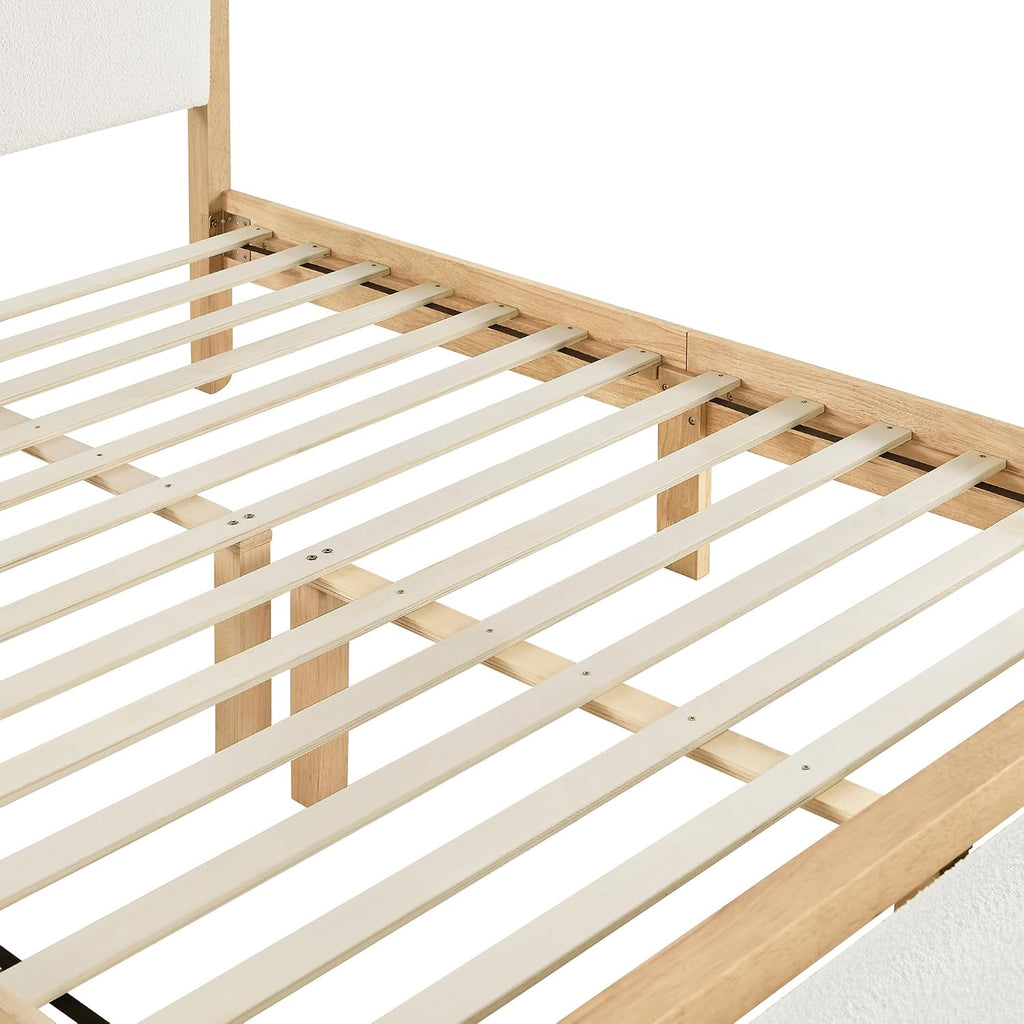 KISLOT 3 Pieces Bedroom Set, Wood Bed Frame with Upholstered Headboard & 2 Nightstands with Storage, Wooden Platform Mattress Foundation Farmhouse Bedroom Furniture Set