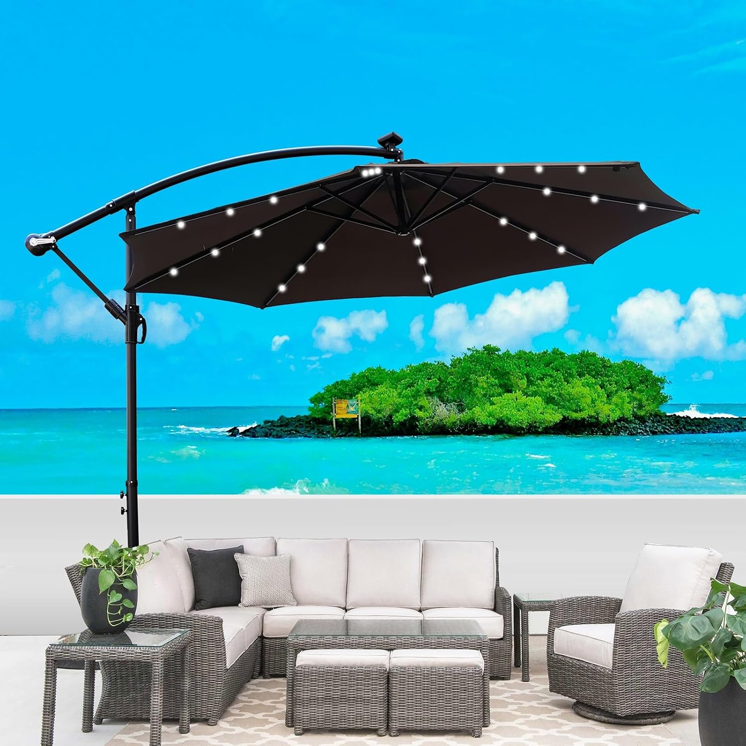 10FT Solar Powered Patio Umbrella, Market Table Umbrella with 24 LED Lights & 8 Sturdy Ribs, Cantilever Patio Umbrella with base, Offset Umbrella for Garden Lawn Deck Backyard Pool