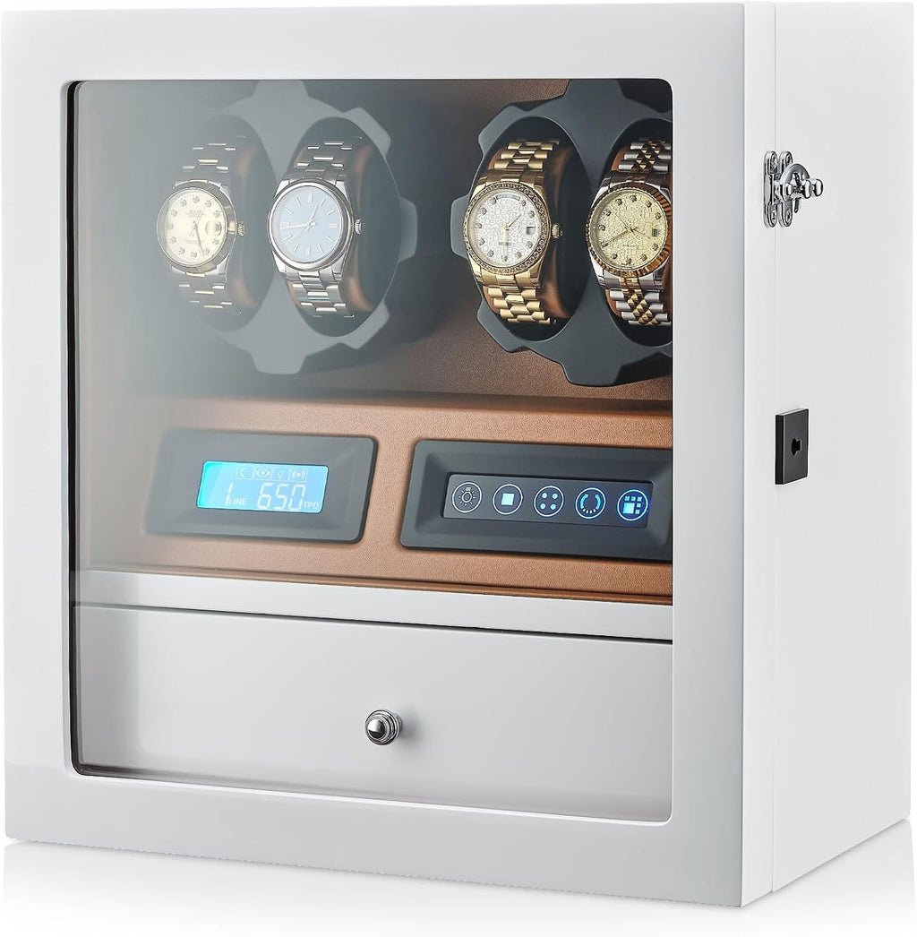 4 Watch Winder with 5 Watch Storage Space, LCD Display, Touch Control and Interior Light