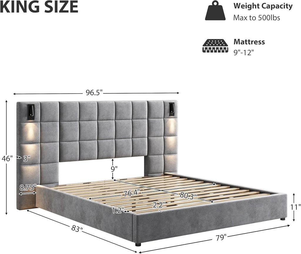 Christopher Knight Home Svens 46' High Headboard Bed, King Size Platform Bed Frame, Soft Velvet Bed Frame, King Size Headboard, Square Pattern Design with Reading Lamps and USB Ports, Grey