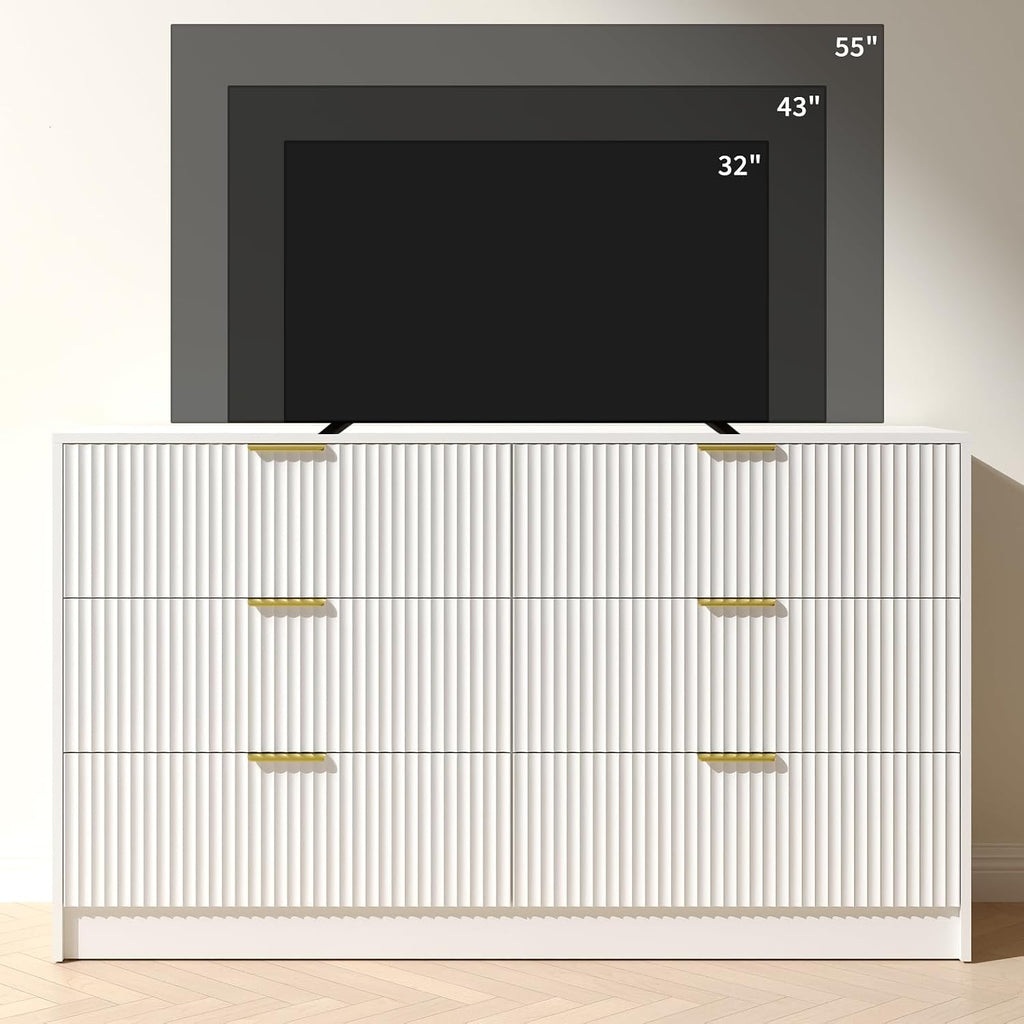 Dresser and Nightstand Sets, 6 Drawer Dresser Set for Bedroom 3 Piece, 55' Wide Wooden Fluted White Dressers W/Metal Handle & Night Stand Set of 2, Modern Bedroom Furniture Sets, White