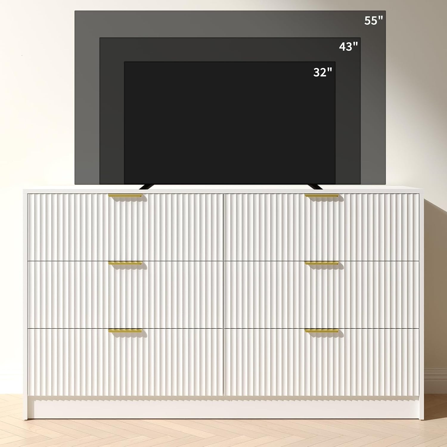 Dresser and Nightstand Sets, 6 Drawer Dresser Set for Bedroom 3 Piece, 55' Wide Wooden Fluted White Dressers W/Metal Handle & Night Stand Set of 2, Modern Bedroom Furniture Sets, White