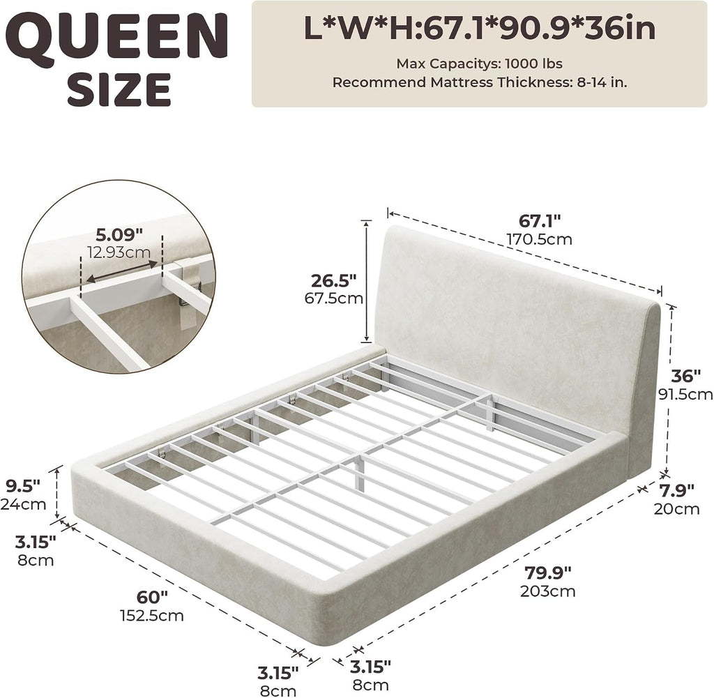 RECCI AirFrame Queen Bed Frame with Ergonomic Angled Foam Cushioned Headboard, Minimalist Design Platform Bed Frame, No Box Spring Needed, Easy Assembly (Beige Chenille)