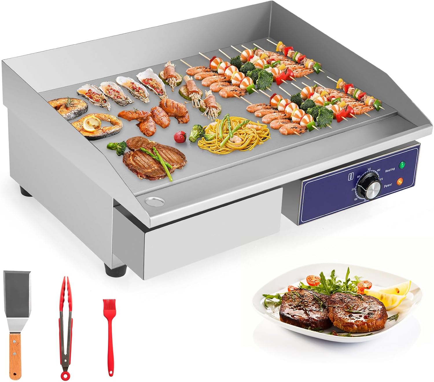 Giantex Commercial Griddle, 22' Electric Griddle 2000W, Cast Iron Griddle, Stainless Steel Frame, 122℉-572℉ Adjustable Temperature Control, Removable Oil Storage Box, Restaurant Teppanyaki Grill