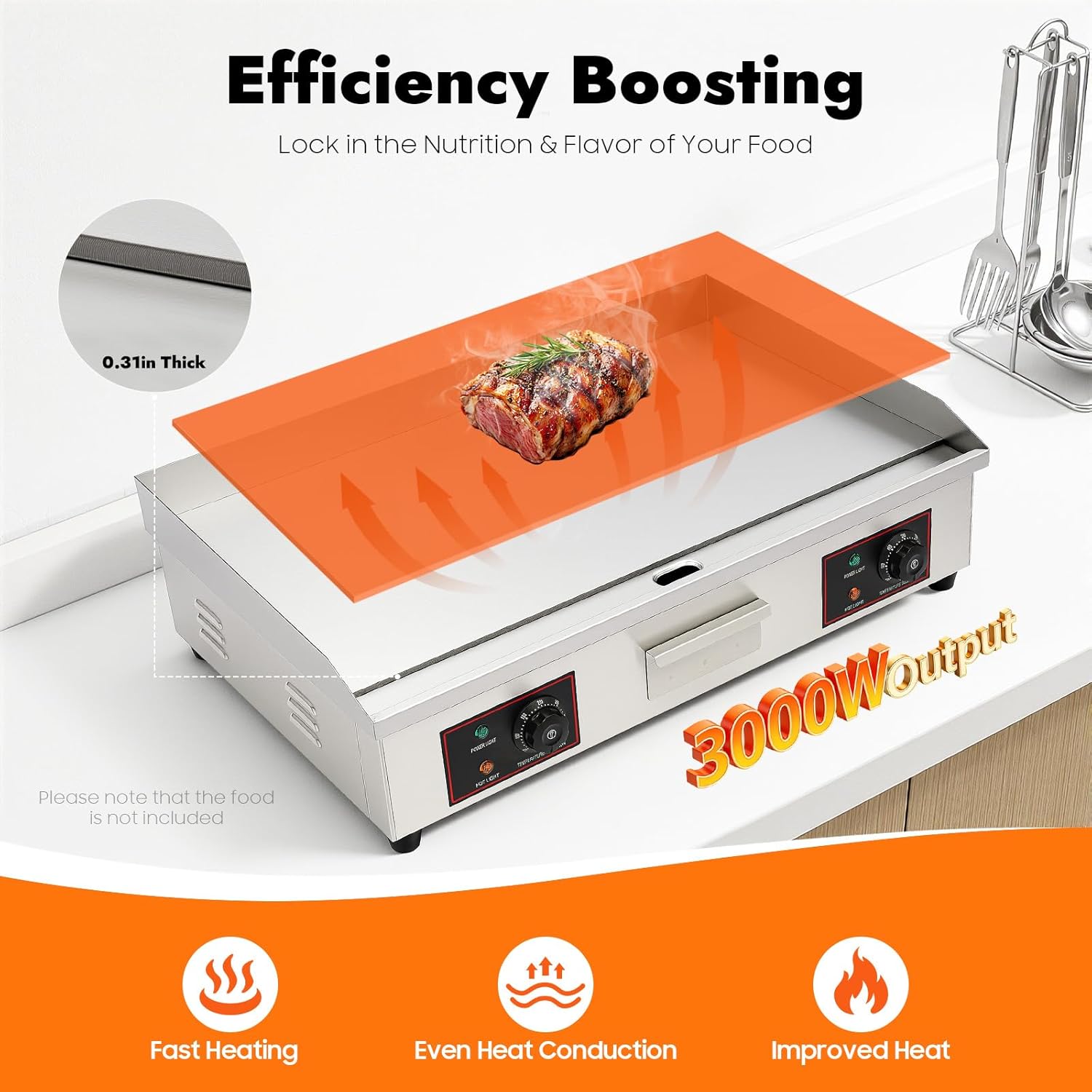 30' Commercial Electric Griddle, 110V 3000W Electric Stainless Steel Countertop Flat Top Griddle Electric Flat Top Grill Teppanyaki Grill with Adjustable Temperature Control 122-572℉ (No Plug)