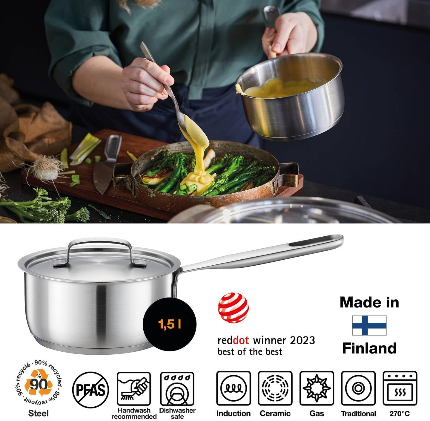 Fiskars 1064750 Saucepan with Handle, 1.5 L, Uncoated Saucepan, Suitable for All Cookers, Recycled Stainless Steel, Silver, 1064750