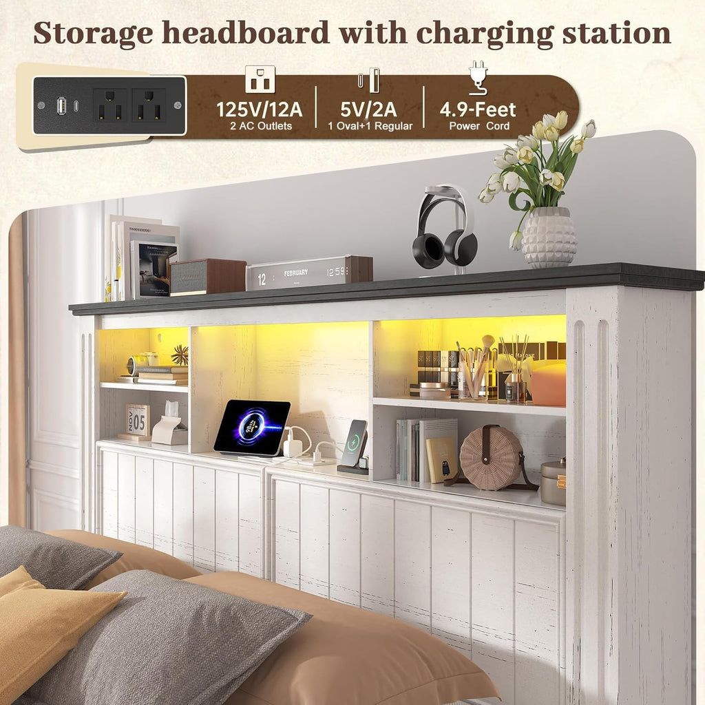 EnHomee Full Size Bed Frame with Storage, Full Bed Frame with 4 Drawers Charging Port & LED,Bed Frame with Headboard Built in Charging Station,No Box Spring Needed,NO Noise,White with Grain Marks