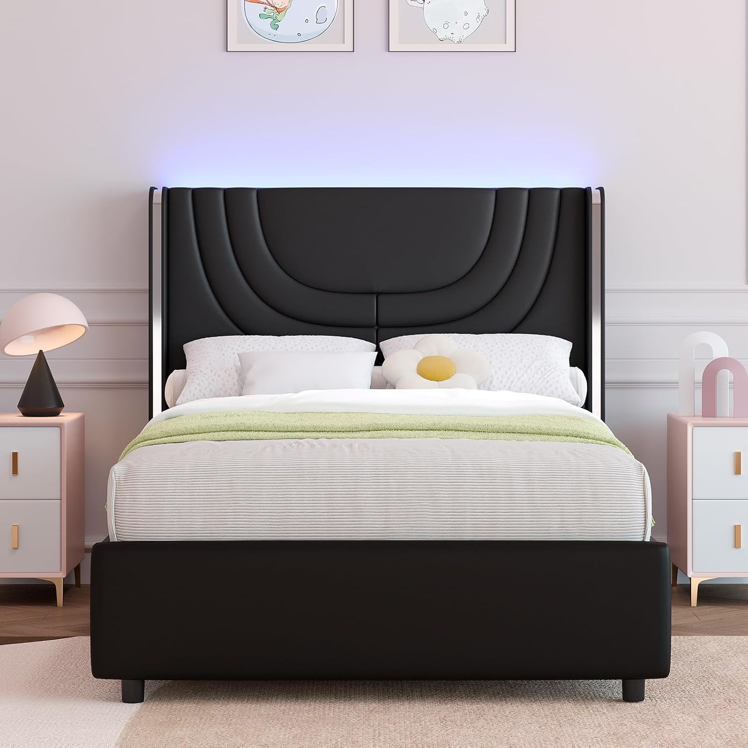 REVOMINCA Twin Bed Frame with LED Lights, Faux Leather Upholstered Platform with Silver Wingback Headboard, Modern Style, No Box Spring Needed, Easy Assembly, Black
