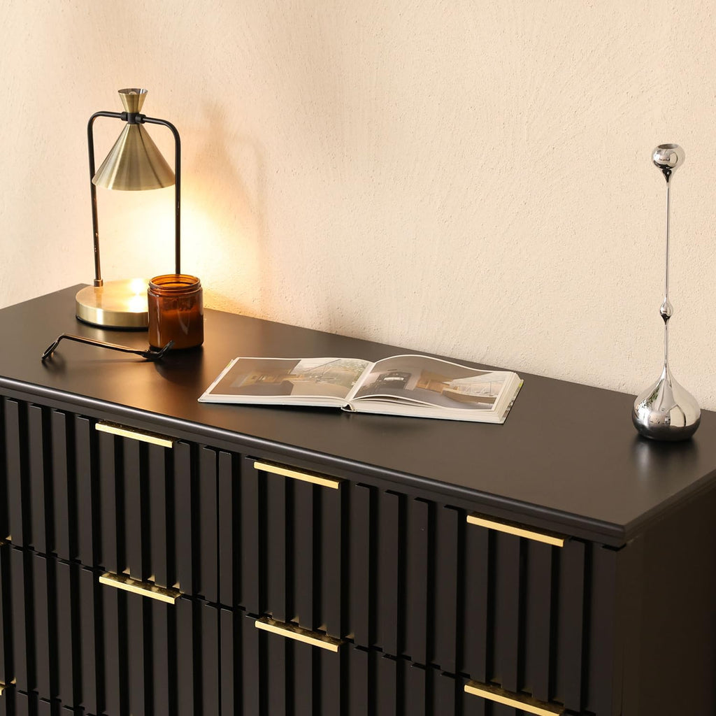 LAZZO 3 Piece Dresser and Nightstand Sets Modern Fluted Bedroom Set with 6 Drawer Dresser & 2 Nightstands,MDF Wood, Gold Handles, Black Finish, Storage Furniture for Bedroom, Closet, Apartment