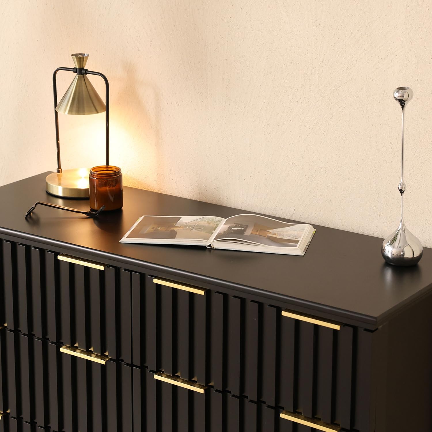 LAZZO 3 Piece Dresser and Nightstand Sets Modern Fluted Bedroom Set with 6 Drawer Dresser & 2 Nightstands,MDF Wood, Gold Handles, Black Finish, Storage Furniture for Bedroom, Closet, Apartment
