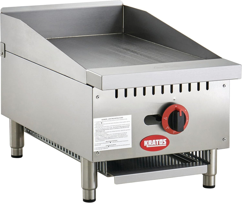 Kratos Commercial Griddle, 15'W Gas Countertop Griddle with Thermostatic Controls, 30,000 BTU (29Y-177)