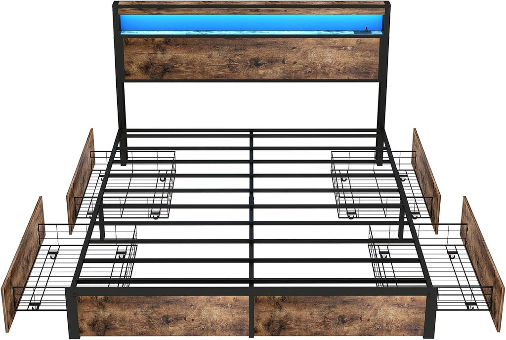 SADENICEL Queen Bed Frame with Storage Headboard and 4 Drawers, Metal Platform Bed Frame with LED Light, Charging Station, No Box Spring Needed, Noise Free, Easy Assembly, Vintage Brown